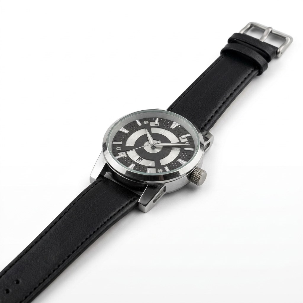 Black strap watch alternate angled view on white background