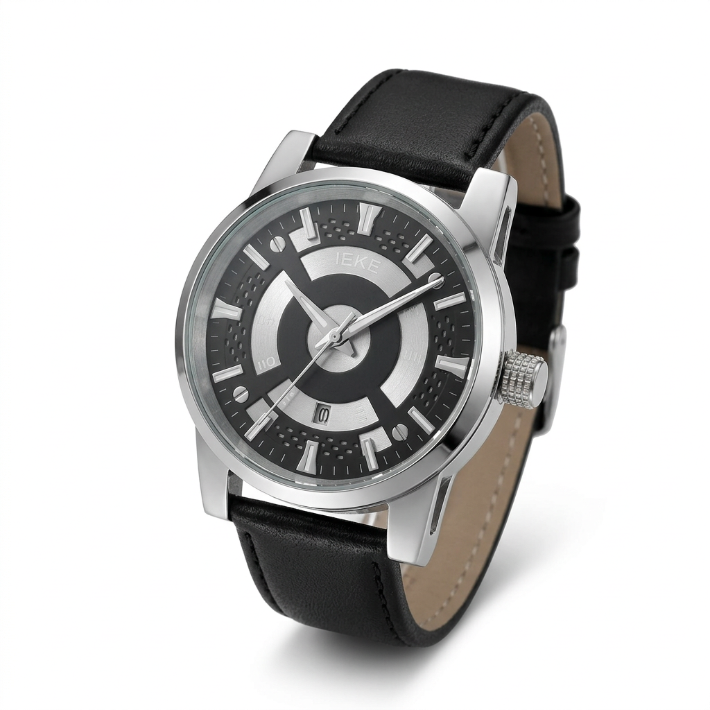 Black strap watch crown-side angled view