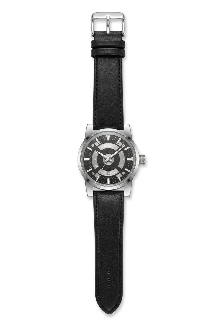 Black strap watch front view on white background