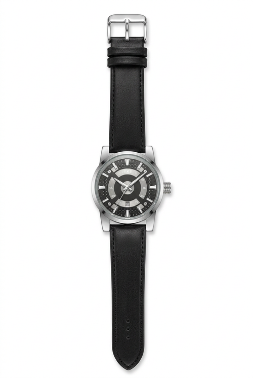 Black strap watch front view on white background